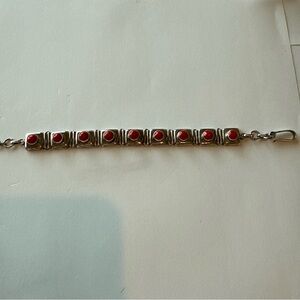Vintage Sterling Silver Red Coral Linked Panel Bracelet 8” Unmarked